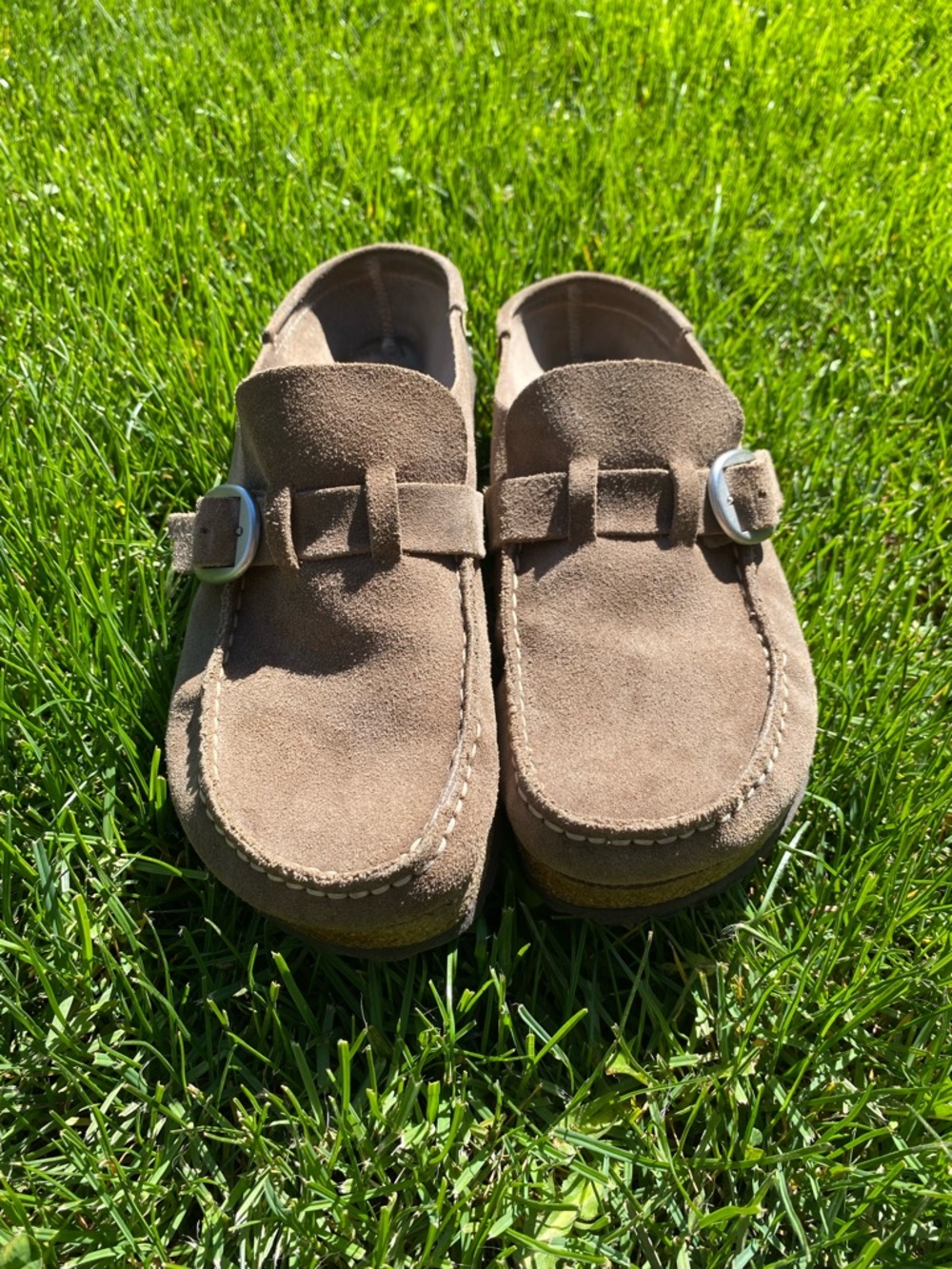 Birkenstock Suede Slip-On Clogs in Brown with Buckle